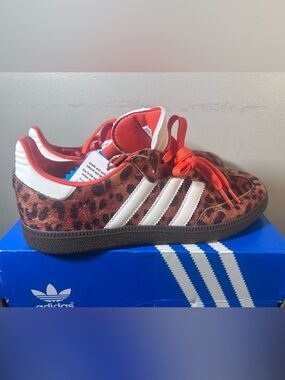 adidas Leopard-Print Sneakers with White Stripes and Orange Accents